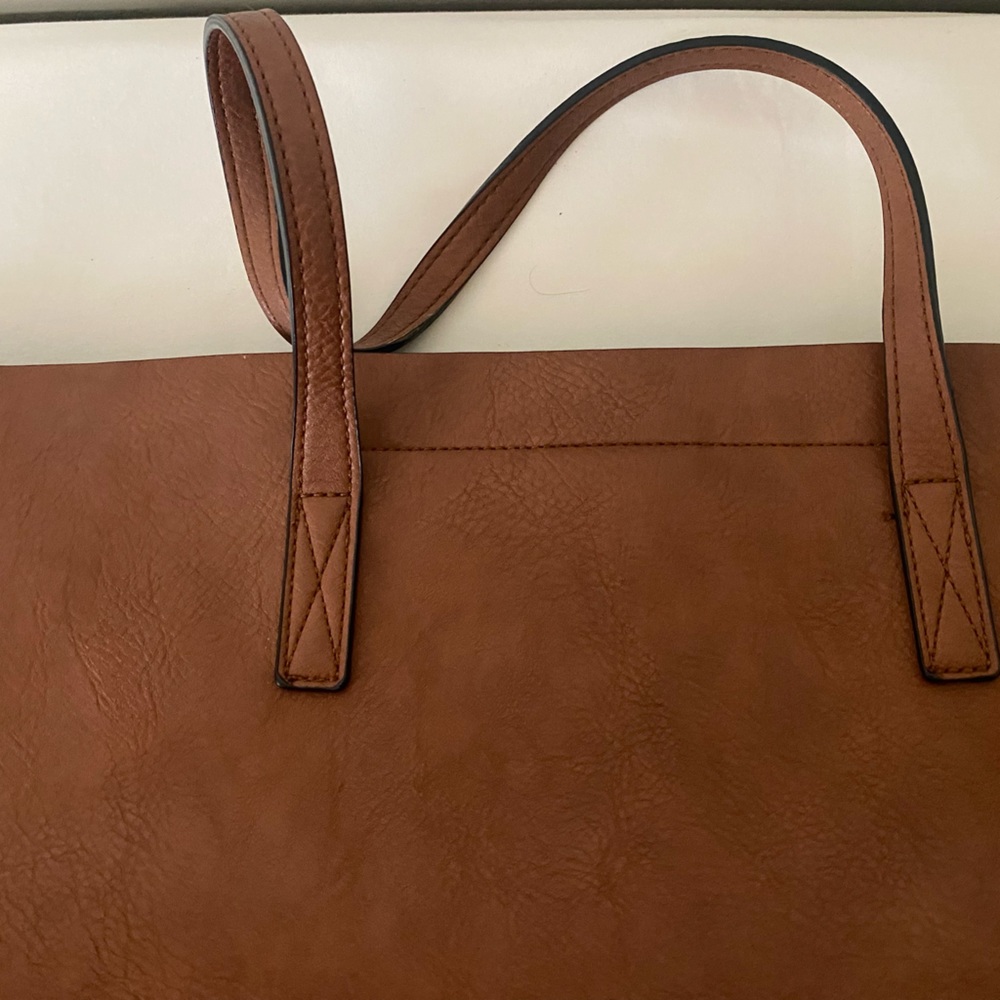 Faux Leather Brownish Colored Large Tote Handbag - Picture 6 of 11